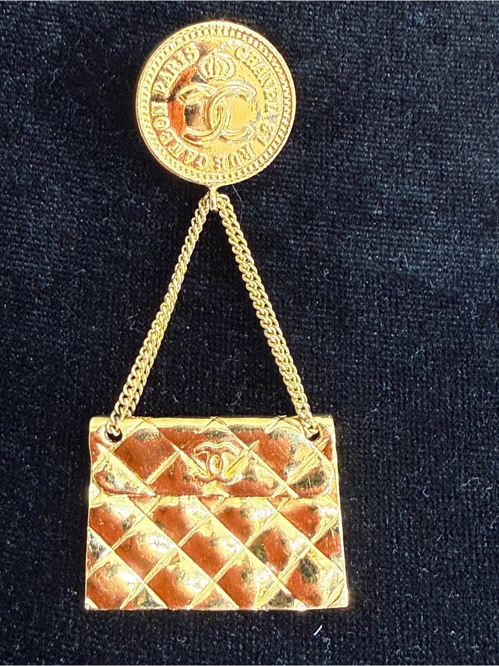 CHANEL Gold Quilted Handbag Dangle Brooch with Coin Medallion